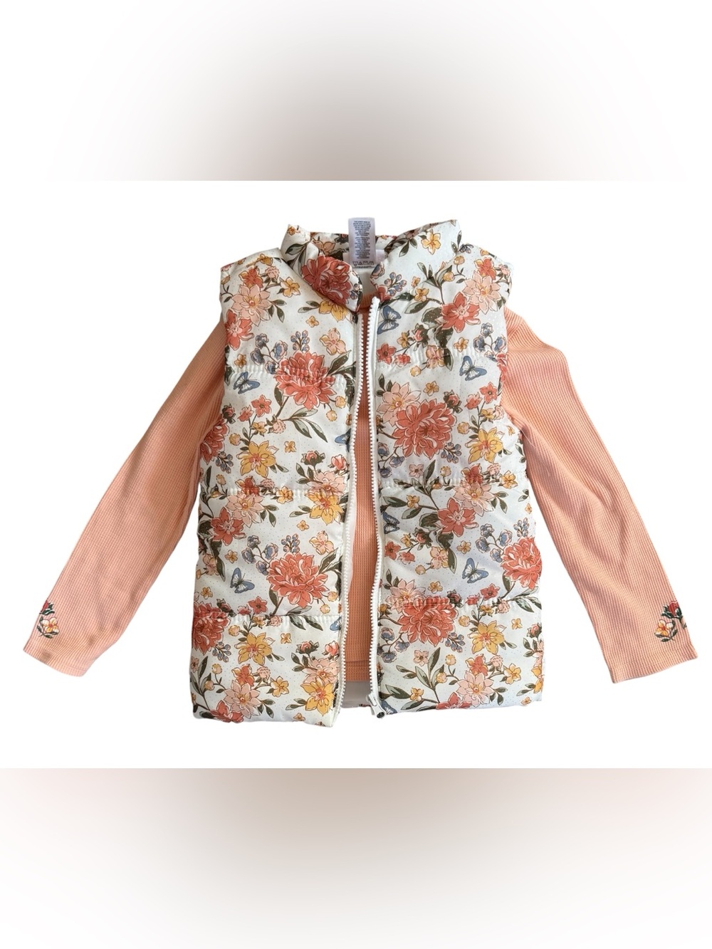 Little Lass Floral Quilted Vest with Peach Sleeves